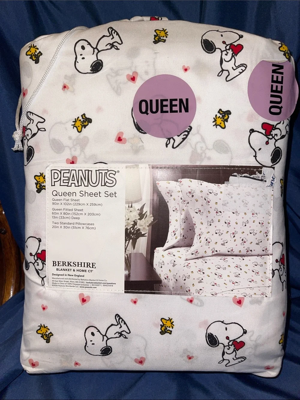 Peanuts Queen Sheet Set in White with Pink Hearts and Yellow Woodstock Accents